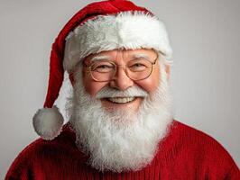A smiling santa claus wearing glasses and a red sweater photo