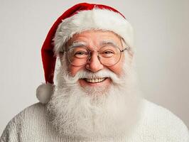 A smiling santa claus wearing glasses and a sweater photo