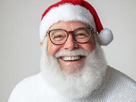 A smiling santa claus wearing glasses and a sweater photo