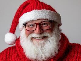 A smiling santa claus wearing glasses and a red sweater photo