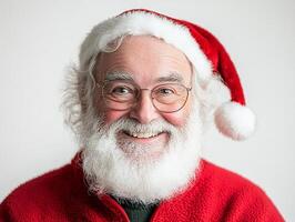 A smiling santa claus wearing glasses and a red sweater photo