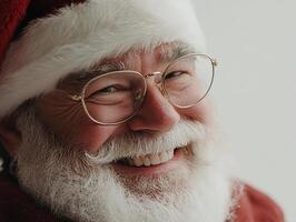 A close up of a santa claus wearing glasses and a red sweater photo