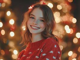 A woman in a red sweater is smiling in front of christmas lights photo