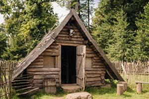 Triangular log houses with wooden roofs behind a fence. Montenegro, north photo