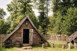 Triangular log houses with wooden roofs behind a fence. Montenegro, north photo