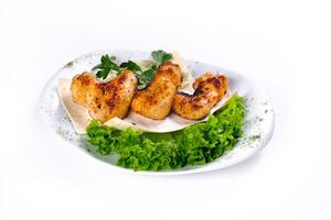 Chicken meat on pita bread with vegetables on a white plate on a white isolated background photo