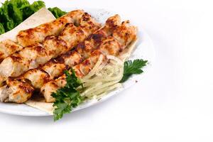 Homemade kebab on skewers with pita bread, onions, cabbage, vegetables, on a white plate on an isolated white background photo