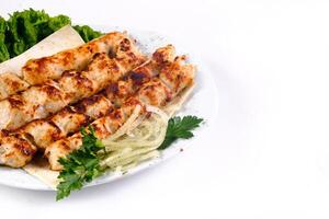 Homemade kebab on skewers with pita bread, onions, cabbage, vegetables, on a white plate on an isolated white background photo