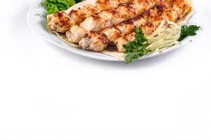 Homemade kebab on skewers with pita bread, onions, cabbage, vegetables, on a white plate on an isolated white background photo