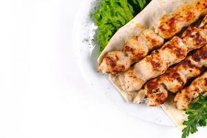 Homemade kebab on skewers with pita bread, onions, cabbage, vegetables, on a white plate on an isolated white background photo