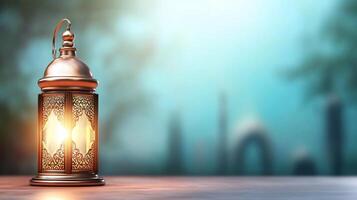 Ramadan lantern on table with blurred background photo
