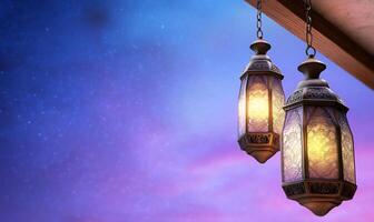 Two lamps hanging from a wooden beam on a roof photo