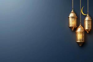 Three golden lamps hanging from a chain on a blue background photo