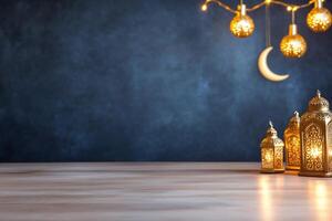 Ramadan lanterns and crescent on wooden table with dark background photo