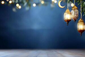 Ramadan lanterns hanging from a tree branch on a wooden floor photo