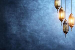 Three lamps hanging from a string on a blue background photo