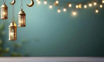 Three lamps hanging from a string on a wooden table photo