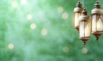 Three lamps hanging from a string on a green background photo