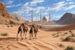 Two camels in the desert with a mosque in the background photo