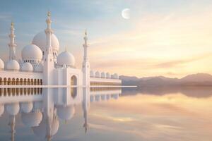 The white mosque is reflected in the water at sunset photo