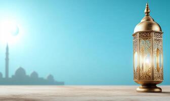 Ramadan lantern on table with mosque in background photo