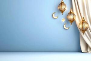 Islamic lamp with moon and stars on blue background photo