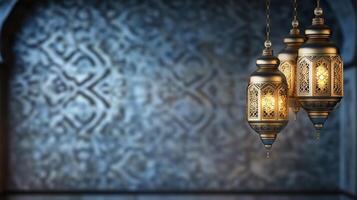 Three lamps hanging from the ceiling in front of a wall photo
