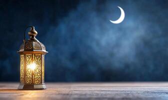 Ramadan lantern on wooden table with moon and crescent photo