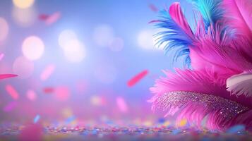 A colorful feather is sitting on a table with confetti photo