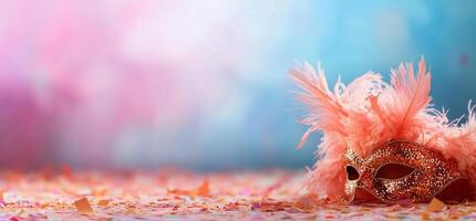 A carnival mask with pink feathers on a colorful background photo