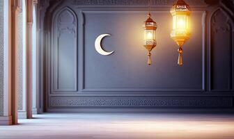 Islamic mosque with lanterns and crescent moon photo