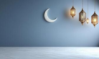 Islamic lamp hanging from the ceiling in a room photo