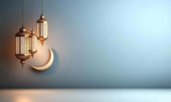 Islamic lamp with crescent and moon on blue background photo