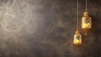 Three lamps hanging from the ceiling on a dark background photo