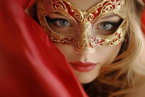 A woman with a red mask on her face photo