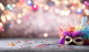 A colorful mask with feathers and a feather on a wooden table photo