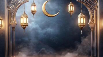 Islamic archway with lanterns and crescent moon photo