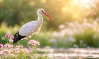 A white stork standing in front of a pond with pink flowers photo