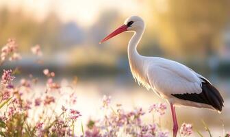 A white stork standing in front of a lake photo