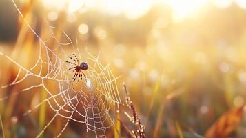 A spider sits on a web in the middle of a field photo