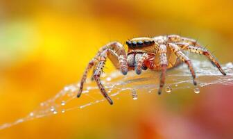 A spider sits on a web with dew drops photo