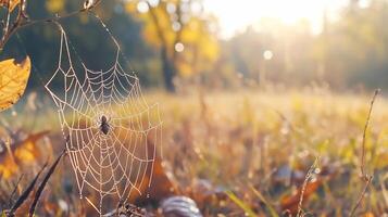A spider web sits in the middle of a field photo