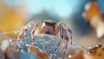 A spider is sitting on a web with dew drops photo