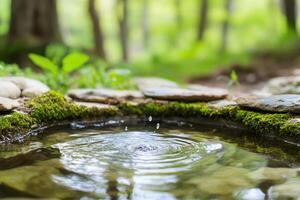 A small pond with water and rocks in the middle photo