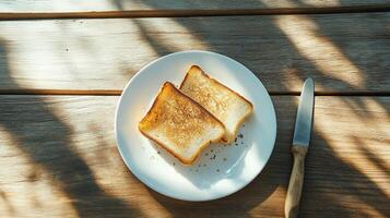 A plate with toast and a knife on a table photo