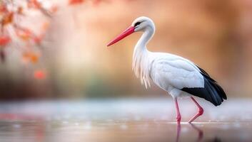 A white stork standing in the water with red leaves photo