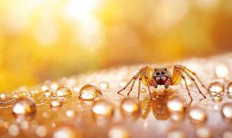 A spider sits on a water droplet covered surface photo