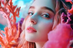 A woman with pink hair and blue eyes is surrounded by coral photo