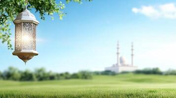Islamic lantern on the green grass with mosque in the background photo