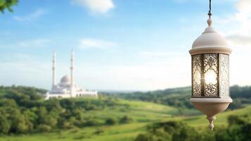Islamic lamp on a green field with mosque in the background photo